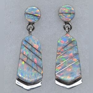 Beautiful Navajo CJ Sterling Silver 1.45" Blue Lab Opal Inlay Post Earrings